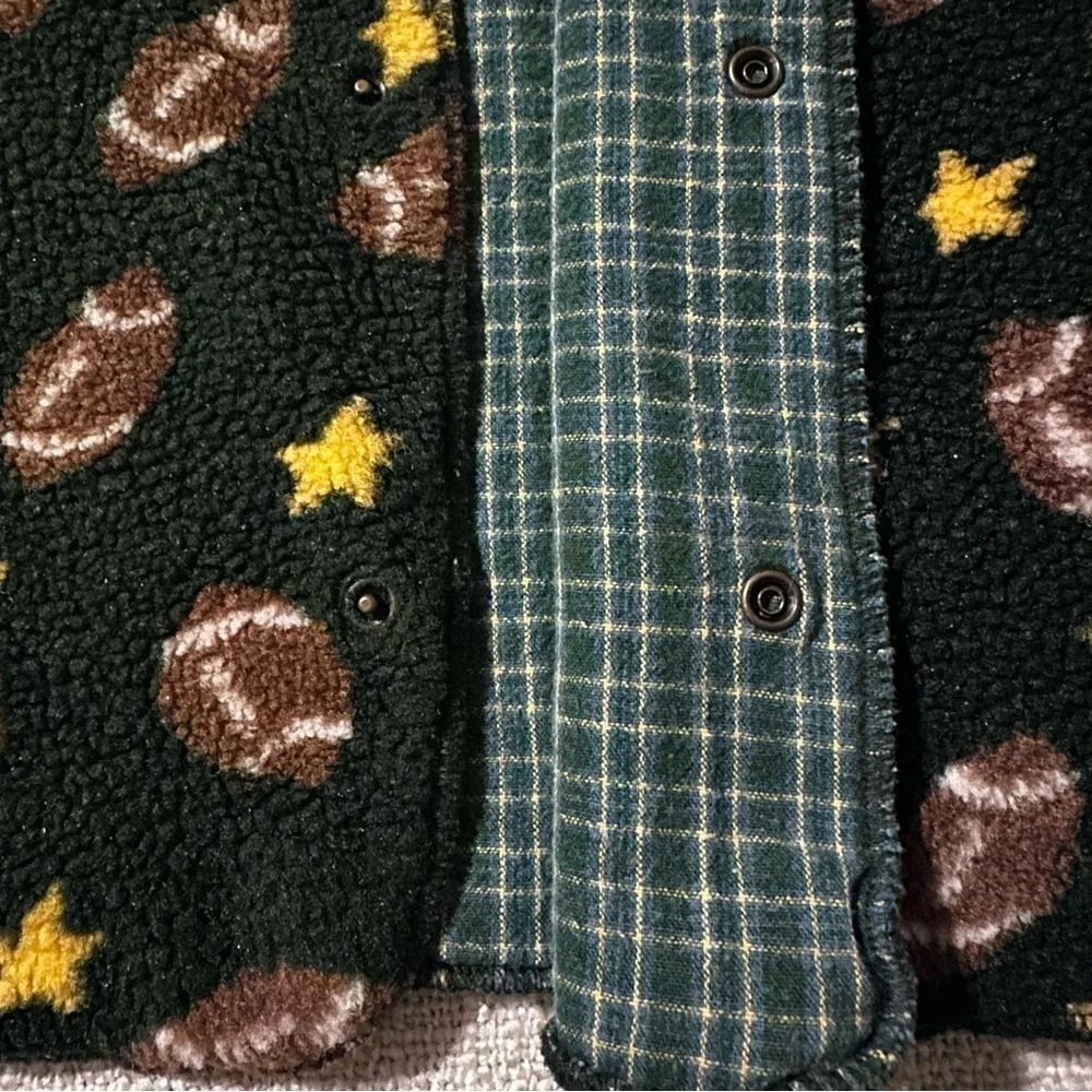 2pc STARTING OUT Green Fleece Football Stars Jacket Hat Plaid Snaps Boy Girl 24M